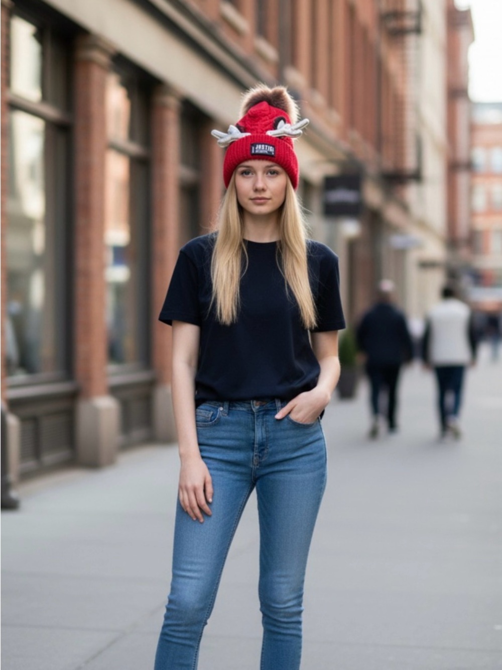 Justice Red Pom-Pom Beanie Hat with Antler Accent